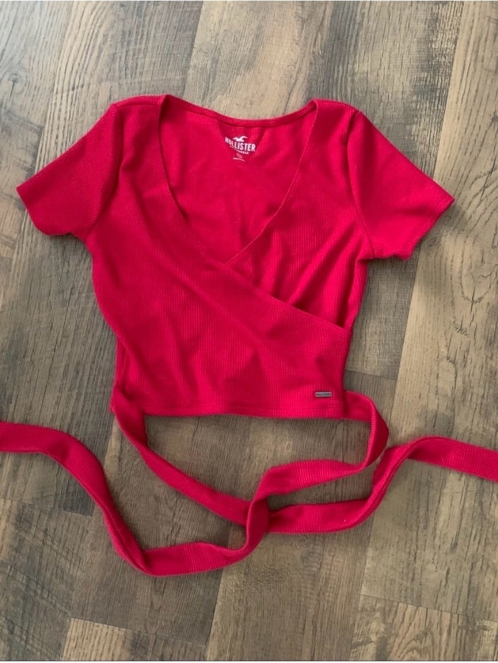Hollister Bright Red Ribbed Wrap Crop Top with Tie